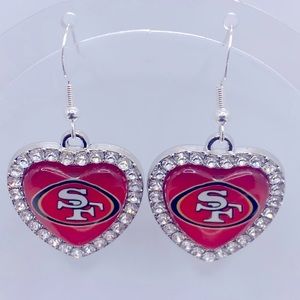 COPY - Silver tone heart shaped crystal 49ers earrings with sterling silver hoo…